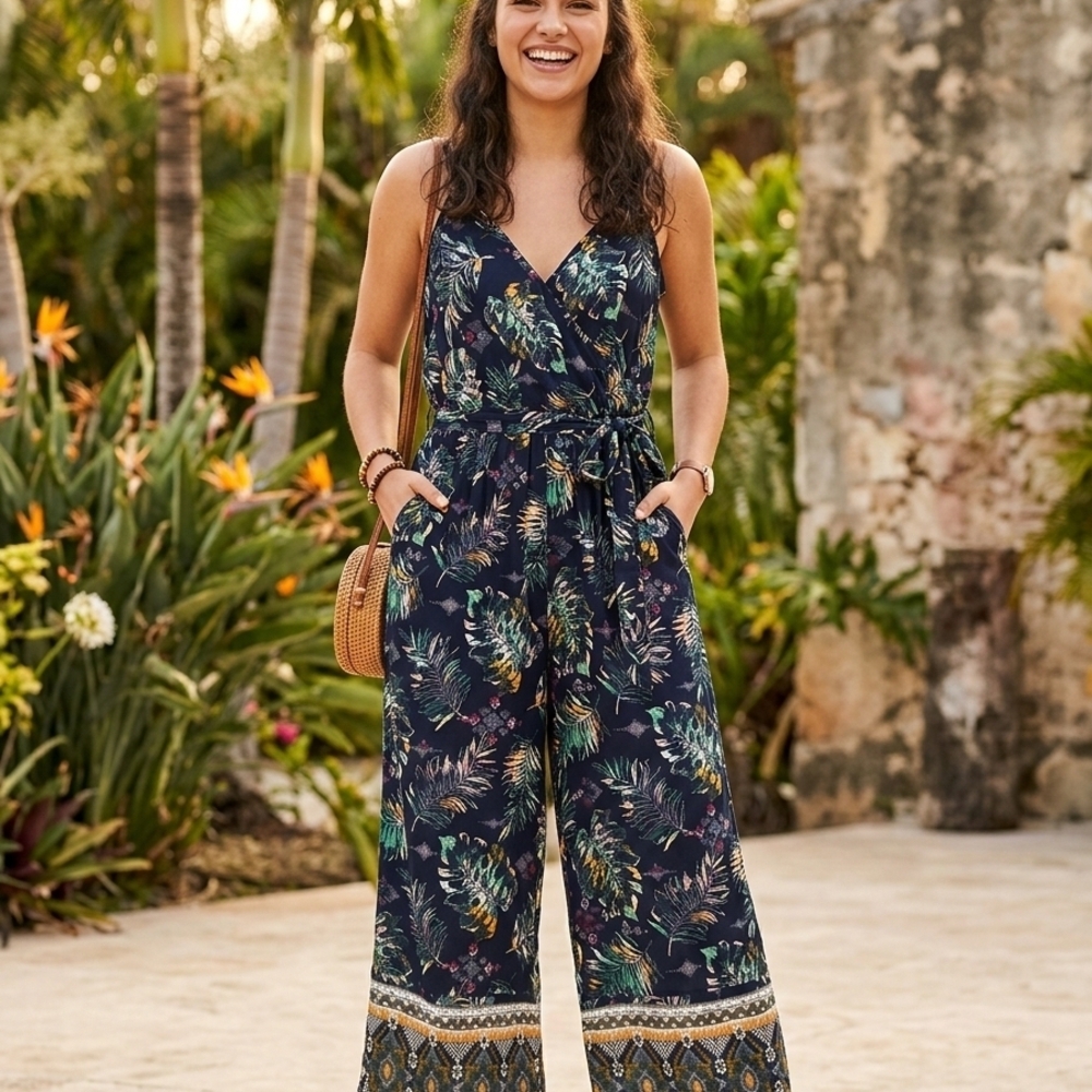 Mudd Tropical Print Jumpsuit - Navy and Green Size L
